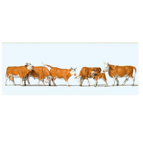Modélisme HO : Figurines : Set de 6 vaches marrons et blanches - Preiser-PR10146