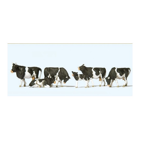 Modélisme HO : Figurines : Set de 6 vaches noires et blanches - Preiser-PR10145