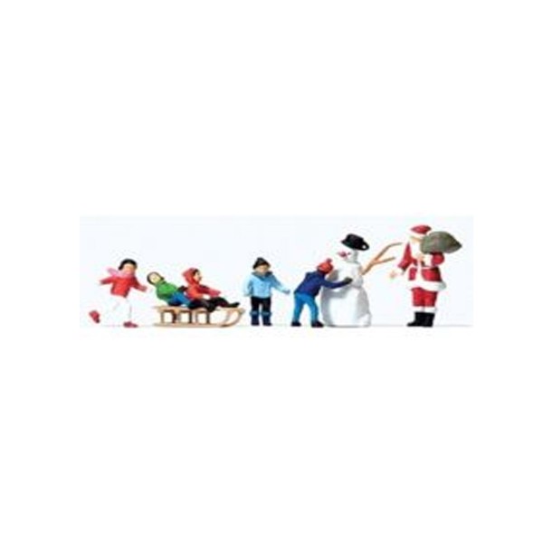 Modélisme HO : Figurines : Set Père Noël, Enfants et Bonhomme de neige - Preiser-PR10626