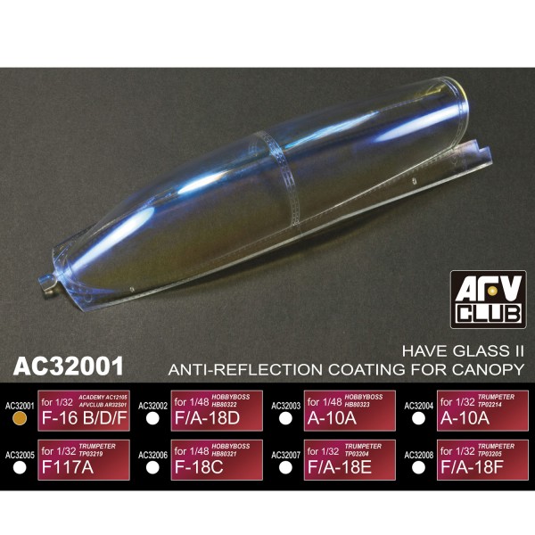 Accessoires pour vitrines : Revêtement anti-reflets : F-16 B/D/F - 1/32 - AFVclub-AC32001