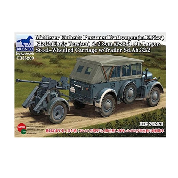 Maquette véhicule militaire : Mittlerer Einheits Personenkraftwagen (m.E.Pkw) Kfz 12 et Sd.Ah 32/2 - Bronco-BRM35209