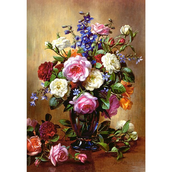 Puzzle 1000 pièces - Albert Williams : Roses dans le vase bleu - Castorland-102617