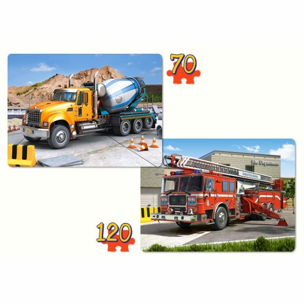 Puzzles 70 et 120 pièces : Camion toupie et camion de pompiers - Castorland-021055-1