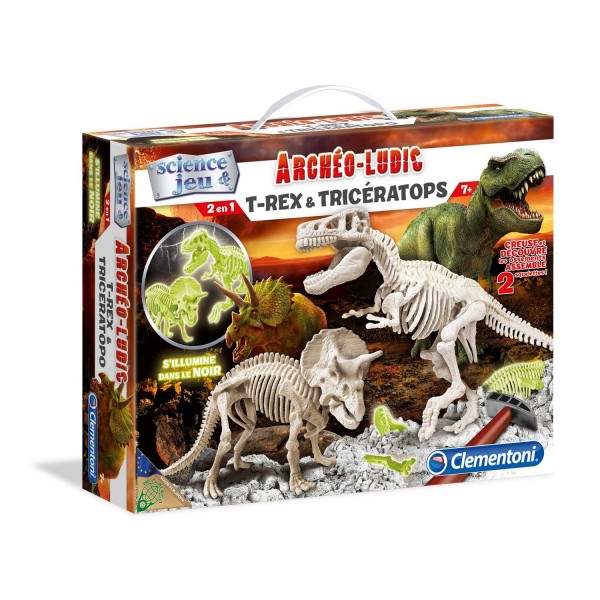 Science et jeu : Archéo-ludic : T-Rex et Tricératops phosphorescents - Clementoni-52072