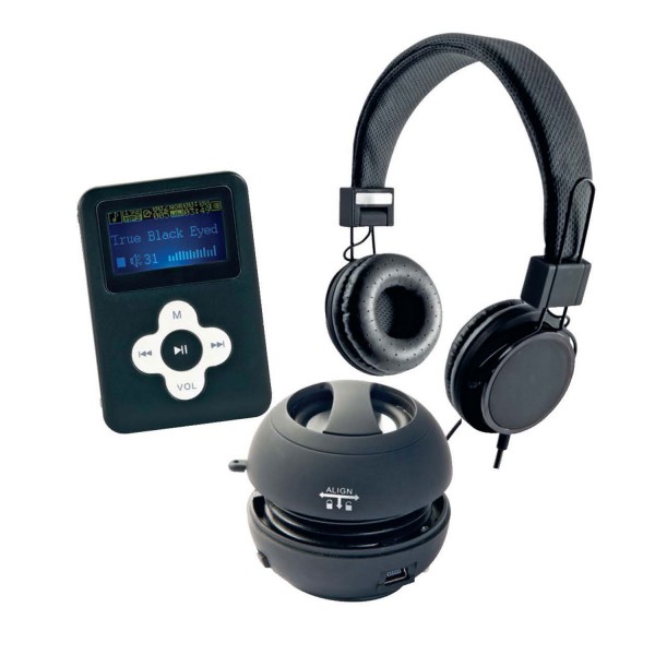 Casque arceau noir + Lecteur MP3 noir 4 GO + Mini haut-parleur noir - Delta-C-MP3-HP