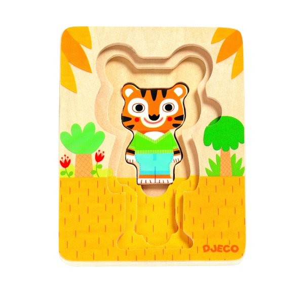 Encastrement 6 pièces en bois : Puzzle 3 niveaux : Tigre - Djeco-01470