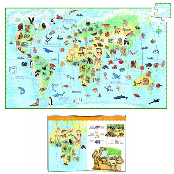 Puzzle 100 pieces - Poster and booklet: Animals of the world  - Djeco-DJ07420