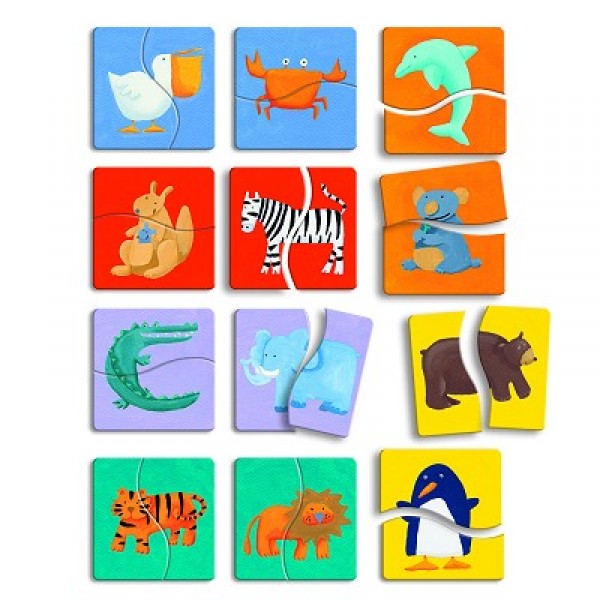 Puzzle 12 x 2 pièces en bois -  Premiers puzzles  : Animaux de couleurs - Djeco-DJ01550