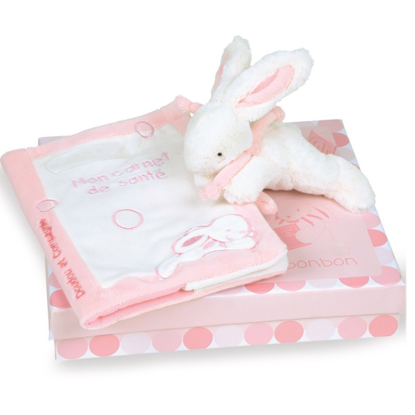 Coffret carnet de santé avec doudou lapin rose - DoudouCie-DC1305
