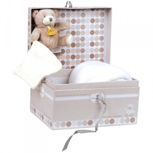 Coffret de naissance : Couverture blanche et ours Bonbon - DoudouCie-DC2026