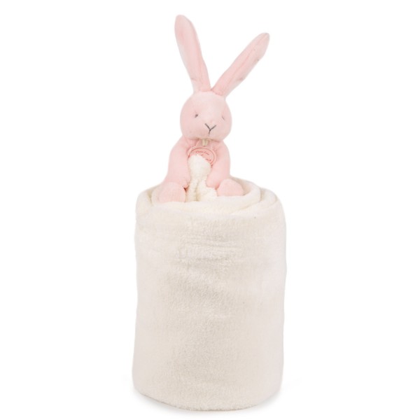 Peluche lapin rose et couverture blanche - DoudouCie-DC2755-1