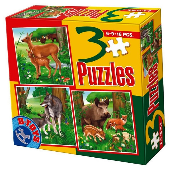 Puzzle de 6 à 16 pièces : 3 puzzles : Animaux des bois - Dtoys-60150AL03