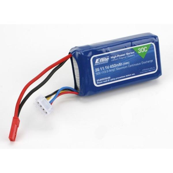 Accu Lipo 450mAh 3S 11.1V 30C Cable 18AWG (3.26mm diam - 8.37mm2 sect) - Prise  JST - EFLB4503SJ30