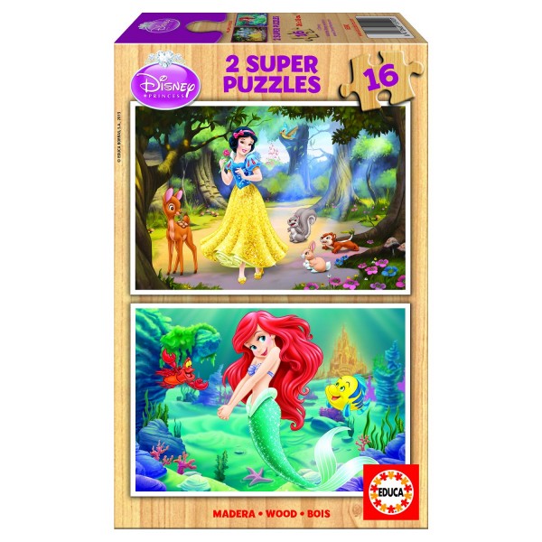 Puzzle 2 x 16 pièces en bois : Princesses Disney : Ariel et Blanche-Neige - Educa-15590
