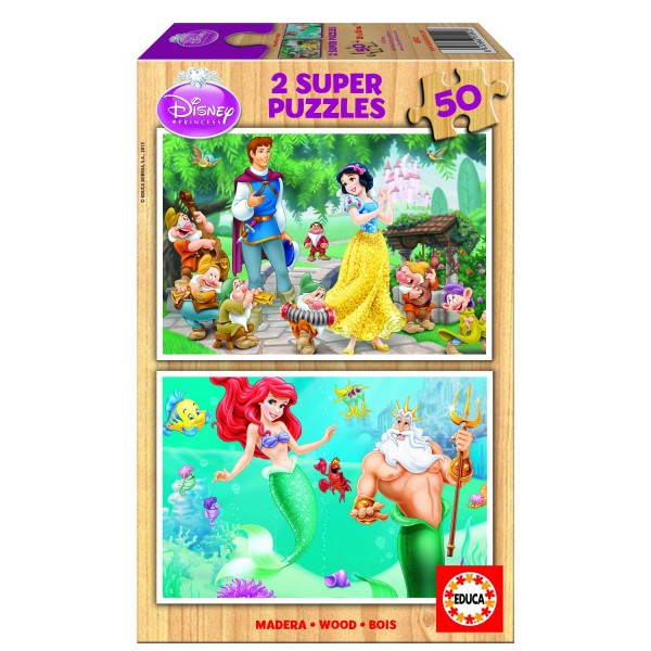 Puzzle 2 x 50 pièces en bois : Princesses Disney : Blanche-Neige et Ariel - Educa-15592