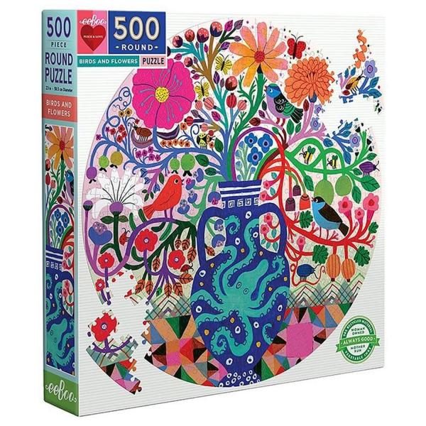 Puzzle Rond 500 Pièces : Oiseaux et fleurs - Eeboo-PZFBDF