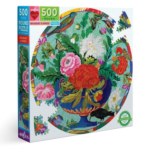 Puzzle Rond 500 Pièces : Bouquet & Oiseaux - Eeboo-PZFBQB