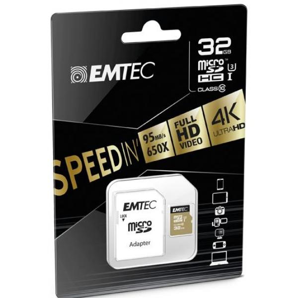 MicroSDHC 32Go EMTEC SpeedIn CL10 95MB/s FullHD 4K UltraHD - Sous blister - 13574