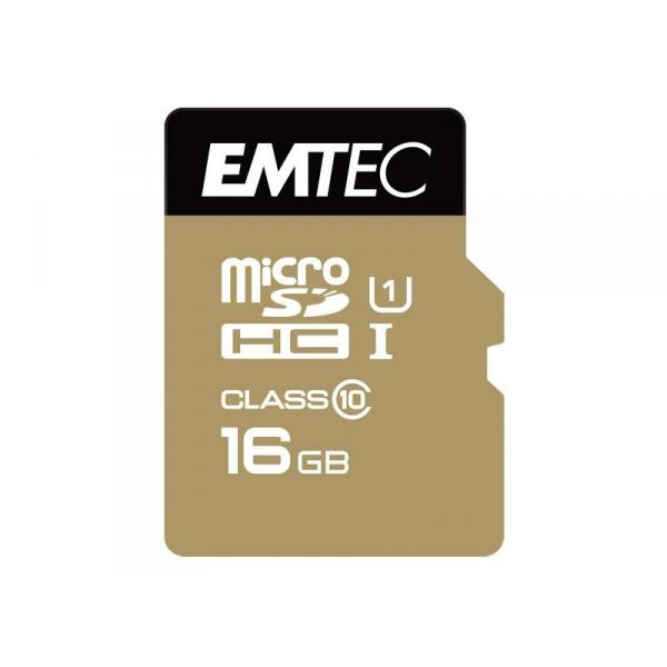 MicroSDHC 16Go EMTEC +Adapter CL10 Gold+ UHS-I 85MB/s - Sous blister - 13333