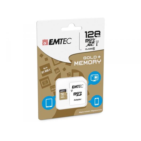 MicroSDXC 128Go EMTEC +adaptateur CL10 Gold+ UHS-I 85MB/s - Sous blister - 13742