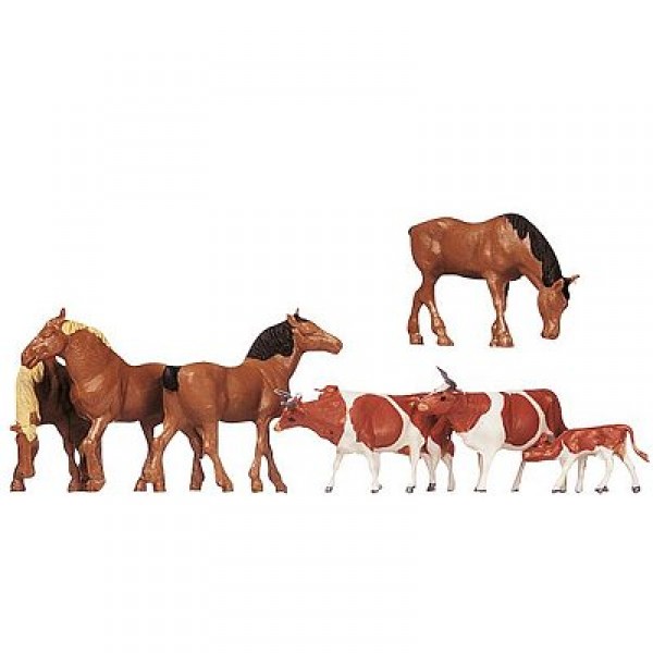 Modélisme HO : Figurines : Set chevaux et vaches brunes tachetées - Faller-154002