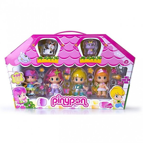 Poupées 7 cm Pinypon : 4 poupées et 2 animaux de compagnie : Boîte rose - Famosa-700008152-1