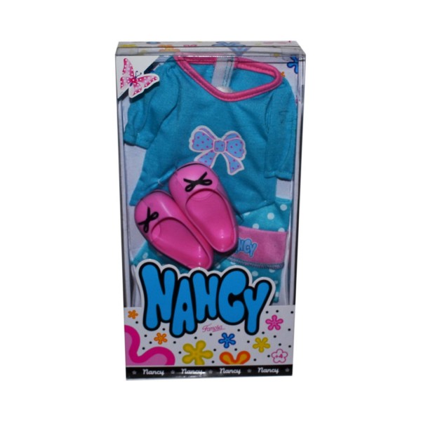 Vêtements pour poupée Nancy : Tee-shirt bleu, jupe à pois et chaussures roses - Famosa-700010202-2