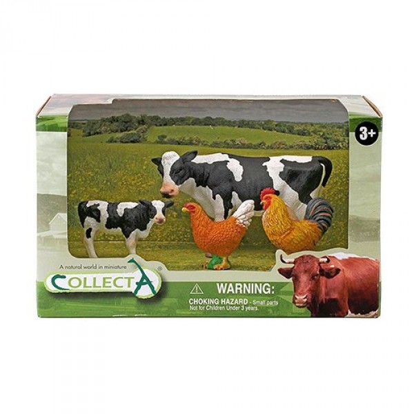 Coffret figurines animaux de la ferme : Coq, poule, veau et vache frison - Collecta-3389263
