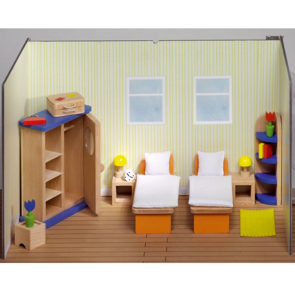 Maison de poupées : Mobilier chambre à coucher (lits séparés) - Dam-8651745