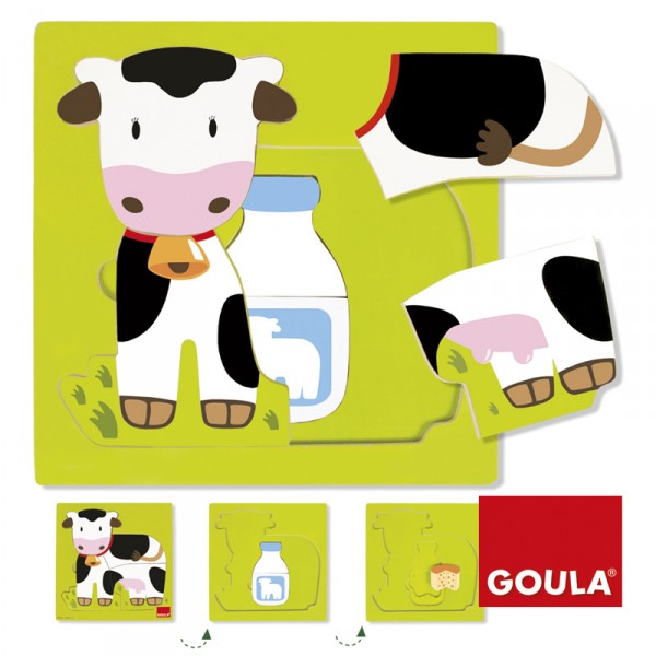 Encastrement 7 pièces en bois : Puzzle 3 niveaux vache - Diset-Goula-53028