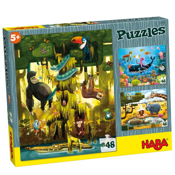 Puzzle 3 x 48 pièces : Animaux du Monde - Haba-300492