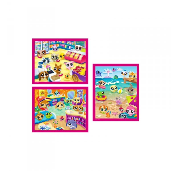Puzzles 3x50 pièces : Littlest Petshop : A la plage - Au salon de coiffure - Au supermarché - MB-09282-39441