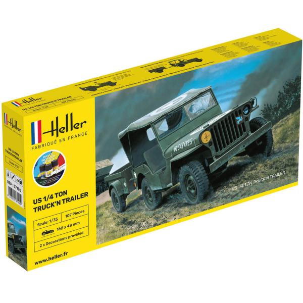 Maquette véhicule militaire : Starter Kit : US 1/4 Ton Truck'N Trailer - Heller-57105