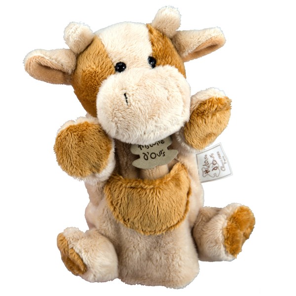 Marionnette peluche Vache marron et beige 25 cm - Histoire-HO1168