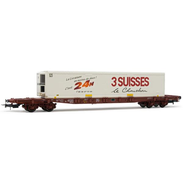 JOUEF Wagon porte-conteneurs 4 essieux Sgss avec caisse mobile "3 Suisses" période V. Essieux montés - HJ6213