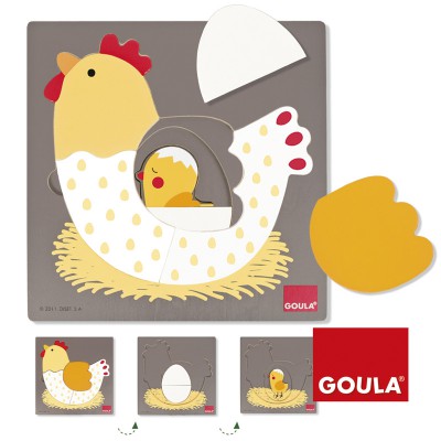 Encastrement 7 pièces en bois : Puzzle 3 niveaux poule Encastrement 7 pièces en bois : Puzzle 3 niveaux poule