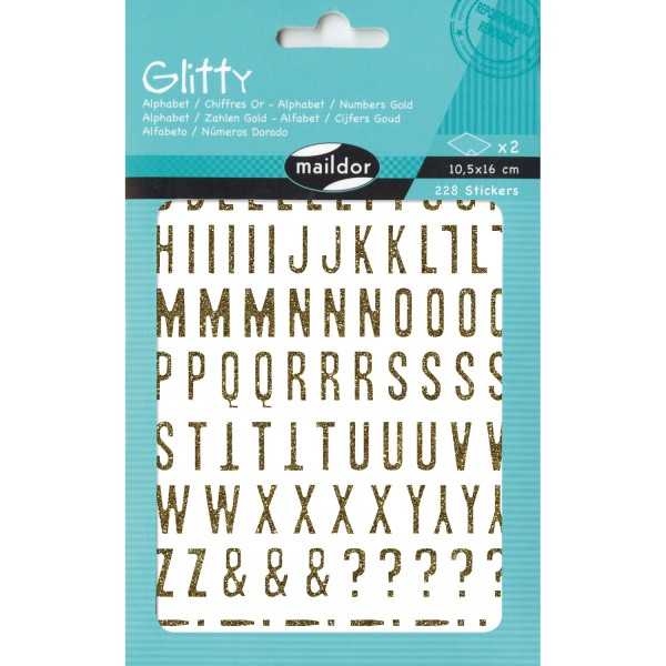 Stickers Glitty 2 planches : Alphabet et chiffres Or - Maildor-AE070O