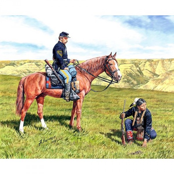 Figurines Guerre de Sécession : Cavaliers US Cavalry et Eclaireur Indien1864 - Masterbox-MB3549