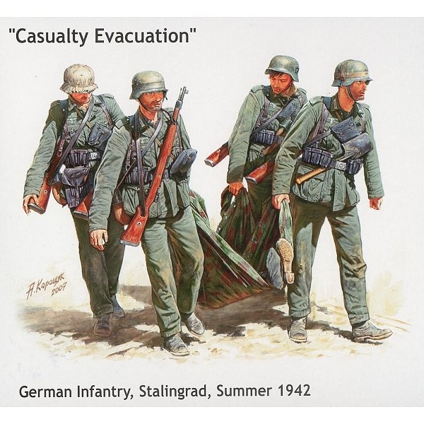 Figurines 2ème Guerre Mondiale : Infanterie allemande : Evacuation d'un blessé : Stalingrad Automne  - Masterbox-MB3541