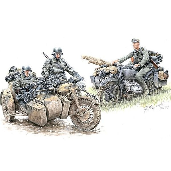 Figurines 2ème Guerre Mondiale : Set de reconnaissance motocycliste allemand : Moto BMW R-75   - Masterbox-MB3548