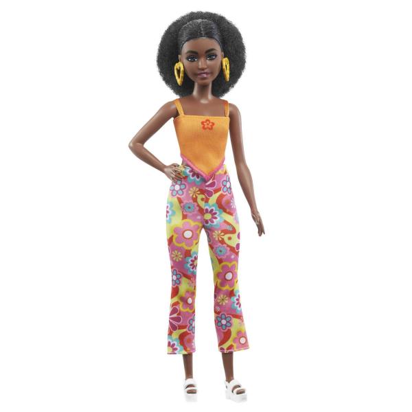 Poupée Barbie Fashionistas : pantalon à fleurs, cheveux noirs bouclés et petite silhouette - Mattel-HJR97
