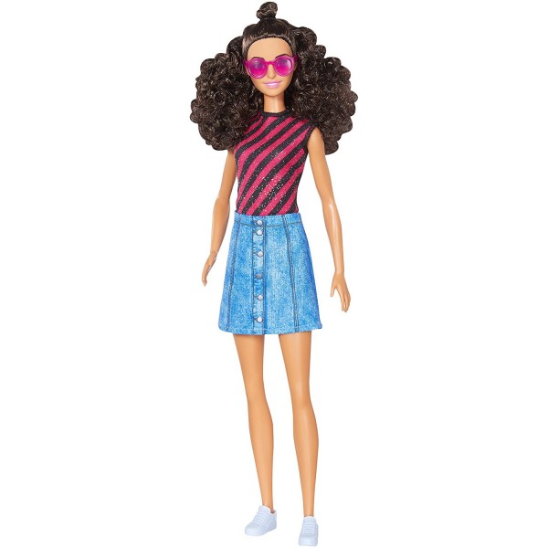 Poupée Barbie fashionistas : Débardeur rayé noir et fushia /Jupe jean - Mattel-FBR37-DVX77