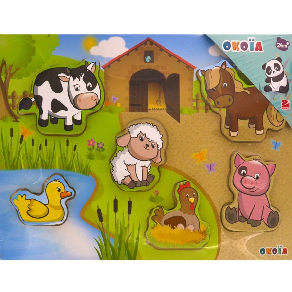 Puzzle 6 pièces en bois : Les animaux de la ferme - Okoia-OKJ8002-04
