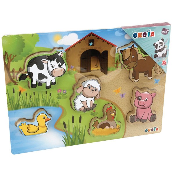 Puzzle en bois 6 pièces : Animaux de la ferme - Okoia-OKJ40478-4