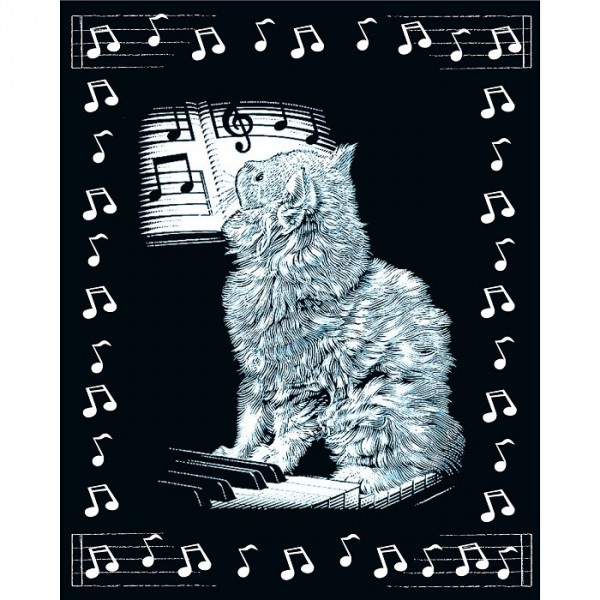 Kit carte à gratter Scraper argenté avec bordures : Chat musicien - Oz-PP41578
