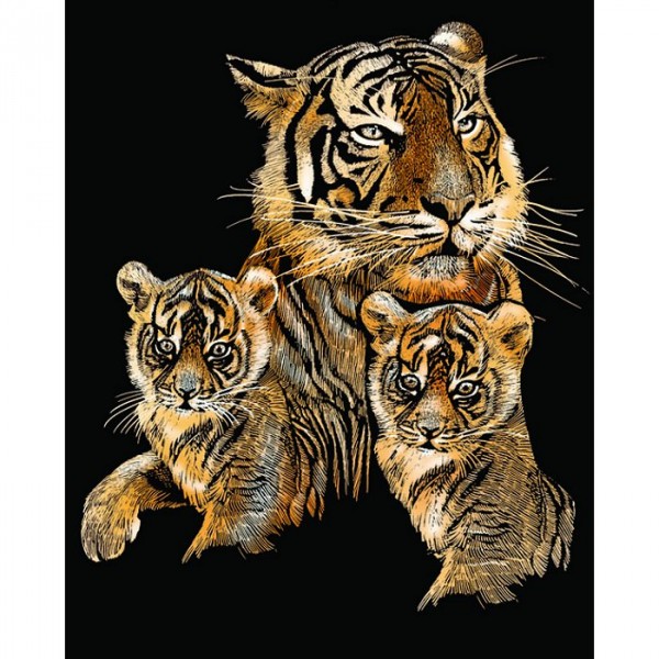 Kit carte à gratter Scraper traditionnel cuivre : Le tigre et ses petits - Oz-PPCF7