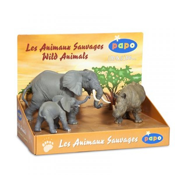 Figurine Animaux sauvages : Coffret : Eléphant, éléphanteau et rhinocéros noir - Papo-80002
