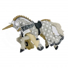 Figurine Cheval de Maître des armes cimier licorne argentée