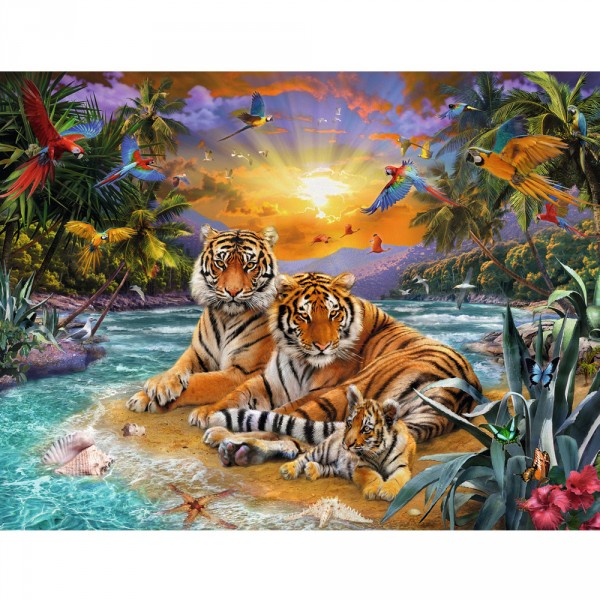 Puzzle 2000 pièces : Famille de tigres au soleil couchant - Ravensburger-16624