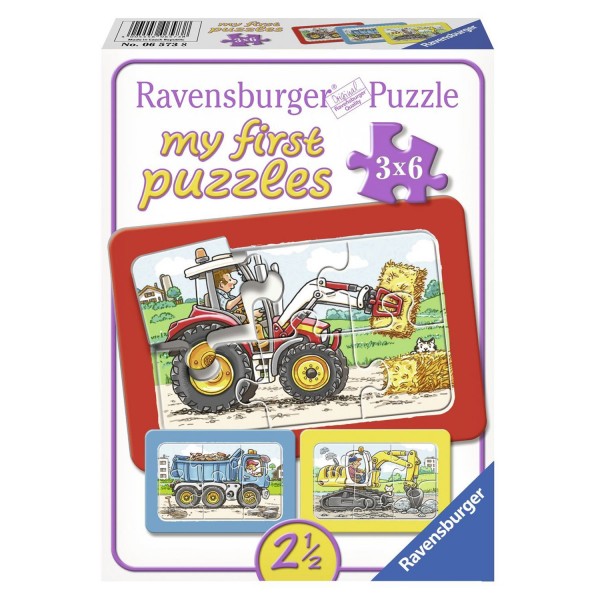 Puzzles 3 x 6 pièces : Véhicules : Tracteur, Pelleteuse et Camion - Ravensburger-06573
